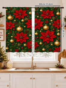 2pcs Christmas Holiday Theme Decorative Curtains, Christmas Poinsettia, Gold Christmas Ball Pattern, Suitable For Home Decor, Window Decoration, Christmas Holiday Home Atmosphere Decoration - Multicolor - View 12