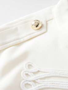 Perirose Women's Cream Cropped Military Jacket Gold Button Detail Embroidered Front Long Sleeve Short Blazer Elegant Outerwear Fall Winter French Chic Style - Apricot - View 5