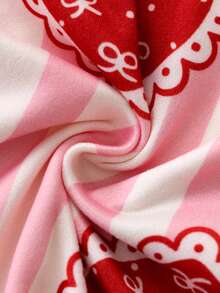 Setelan Piyama Wanita Motif Garis-Garis dan Hati, 2 Potong, Atasan Lengan Panjang dengan Kerah dan Celana Panjang Pinggang Elastis, Pakaian Santai yang Lembut - Merah - View 7