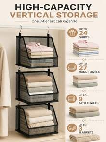 1 Set 36.22in 3-Tier Hanging Storage Baskets, Black Foldable PVC Mesh Closet Organizer With Hooks & Detachable Bins For Clothes, Towels, Handbags, Christmas Decorations & Home Decor Storage, Space-Saving Organizer For Bedrooms, Dorms, RVs & Campers - Multicolor - View 7