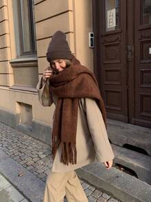 1PC Women's New Autumn/Winter Plush Tassel Scarf, Warm And Comfortable Large Shawl, Windproof And Warm For Outdoor Travel, Simple And Versatile For Daily Wear, Suitable For Christmas And Other Holidays - Dark Brown - View 3