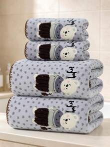 1pc/2pcs Approx. 14*29in/28*55in Pink Leopard Print Towel, Cute Embroidered Rabbit Pattern Coral Fleece Bath Towel + Face Towel, Super Soft High Absorbency Quick Dry Thick Non-Shedding Towel, Suitable For Bathroom, Home, Travel, Back To School - Light Grey - View 3