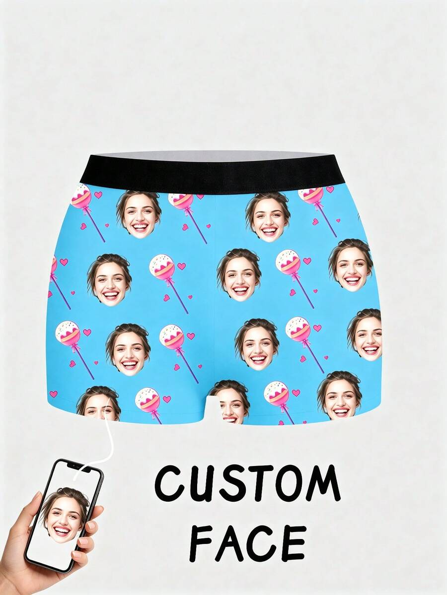 1pc Women's Customized Face & Lollipop Print Pink Hipster Panties, Personalized Soft Casual Underwear - Blue - View 1