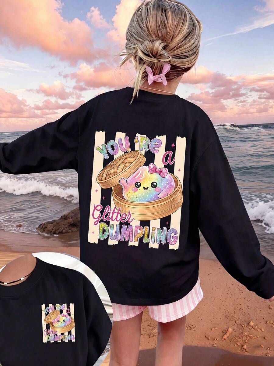 1pc Girls Rainbow Glitter Dim Sum Bamboo Steamer Print Long Sleeve T-Shirt, Black Base Sweet American Style Loose Fit Undershirt For Spring And Autumn - Black - View 1