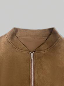 Women's Basic Baseball Short Jacket, Stand Collar Full Zip Loose Long Sleeve Fit, Side Pocket Design, Suitable For Daily Commute And Street Casual Looks - Brown - View 8