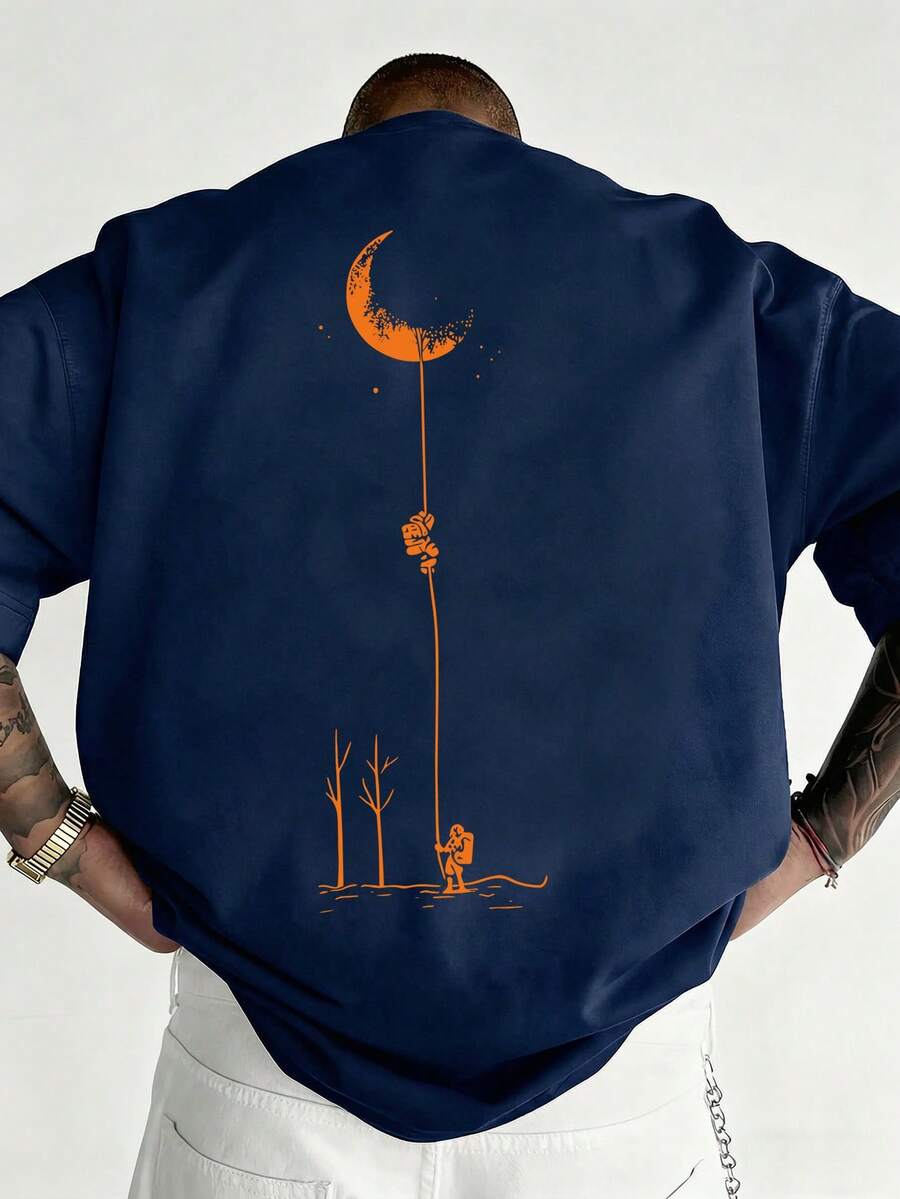 Summer Casual Versatile Comfortable Moon Print Round Neck Short Sleeve T-Shirt - Navy Blue - View 1