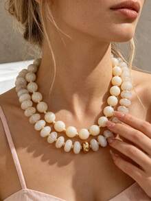 OABE 2pcs/Set Bohemian Style Warm White Beaded Necklace Set With Round And Oval Beads, Suitable For Women's Daily Wear - Multicolor - View 1