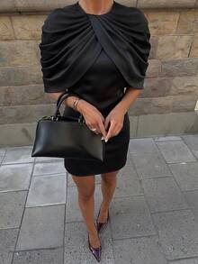 Autumn/Winter Solid Color Ruched Shawl Collar Long Sleeve Fitted Short Dress, Elegant Commute Date Street Style Afternoon Tea Party Dress, Black - Black - View 4