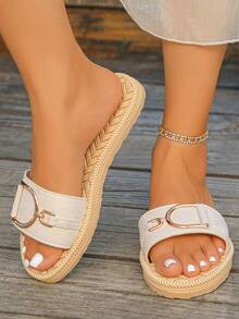 Women's Gold Buckle Woven Embossed Comfortable Lightweight Round Toe Single Strap Beige Flat Slippers Vacation Style Summer Daily Beach Flat Sandals Plus Size - Beige - View 2