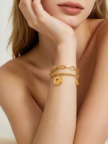 Women's Fashion Gold-Plated Double Layer Stackable Bracelet, Stainless Steel Anti-Fade Waterproof, Suitable For Daily Commute, Party, Girlfriend, Mom, Best Friend Gift - Gold - View 2
