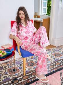 Women's Ocean Starfish Shell Coral Striped Satin Pajama Set, Notch Collar Short Sleeve Button Shirt And Wide Leg Pants, Summer Silky Loungewear - Pink - View 2
