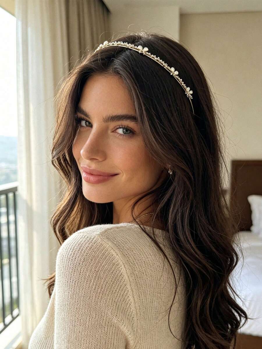 1pc Women's Gold Thin Metal Rhinestone Headband, Exquisite Bridal Butterfly Embellished Headband, Elegant Non-Slip Hairband, Suitable For Wedding, Party, Daily, Autumn Styling - Multicolor - View 1