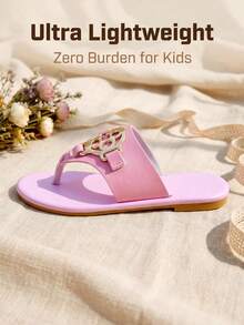 Pink Gold Metal Ornament Girls Flip-Flops Thong Sandals Soft Breathable Premium Faux Leather Summer Beach Shoes - Pink - View 5