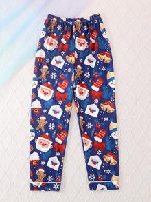 2pcs/Set Christmas Children's Pajama Set, Cartoon Christmas Snowman Print Pattern Lapel Long Sleeve Cardigan With Elastic Waist Long Pants, Flame Retardant Knit Fabric, Suitable For All Seasons, Girls Middle And Older Children - Navy Blue - View 4