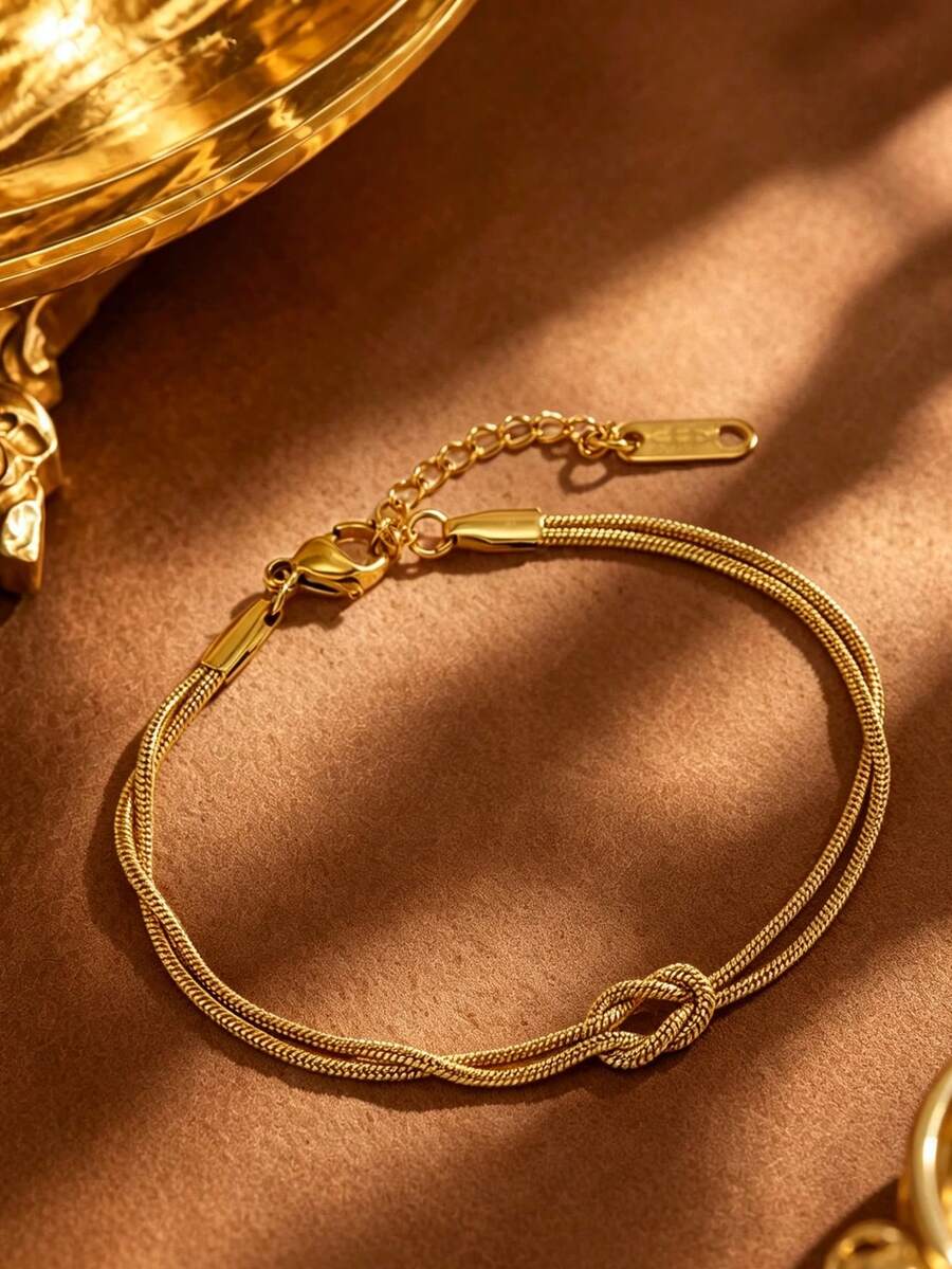 1pc Casual Style Stainless Steel Chain Bracelet With Twisted Chain Design For Women, Suitable For Daily Wear - Yellow Gold - View 1