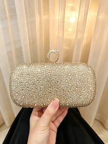 Women's Evening Clutch Bag, Rectangular Hard Shell, Ring Handle, Detachable Chain, Luxury Fashion Style, Suitable For Weddings, Balls, Parties, All-Season Formal Handbag - Gold - View 3