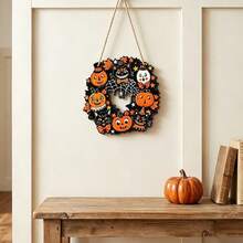 Halloween Wooden Hollow Round Ring Hanging Decor Pumpkin Spider Web Magic House Holiday Atmosphere Decoration - Multicolor - View 8