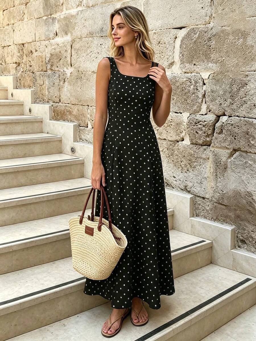 Spring/Summer Black With White Polka Dot Sleeveless A-Line Maxi Dress, Minimalist Elegant Style For Daily Commute Party