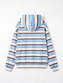1pc Teen Girl Blue Brown White Colorblock Striped Sweatshirt Sweatshirt, Korean Style Unisex Loose Casual Pullover Sweatshirt, Suitable For Spring And Autumn - Blue - View 4