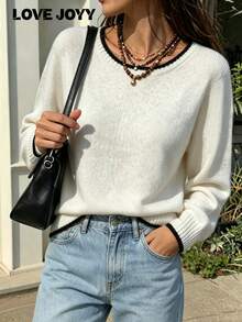 LOVE JOYY Women's Spring/Autumn Beige & Black Contrast Trim Crew Neck Knit Sweater, Slim Fit Long Sleeve All-Match Versatile Layering Pullover Top - White - View 4