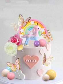 1 Set Or Single Unicorn Cake Topper, Unicorn Cake Decoration, Pink Butterfly Happy Birthday Cake Topper, Rainbow Cake Decoration, Pink & White Artificial Flowers Colorful Foam Ball Cake Decoration, Suitable For Baptism, Gender Reveal, Anniversary, Wedding, Birthday Party Cake Decoration (Please Use With Tray And White Stick) - Multicolor - View 3