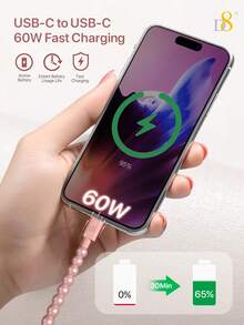 D8 USB C 轉 USB C 數據線 (3.3英尺 PD 60W) 快充 Type C 轉 Type C 編織充電線，手機充電線，相容 IP 17/16 Pro Max/15 Plus、Pro、Air5、Air S22 Note 20，60W PD USB C 充電線，快充 USB C 線 - 粉色 - 查看 4