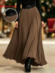 Elegant Women's Solid Color Pleated Long Skirt, Asymmetrical A-Line Design, Versatile For All Seasons, Suitable For Weddings, Office Commute, Evening Parties, Showcases Elegant Elegant And Flattering Silhouette - Coffee Brown - View 10