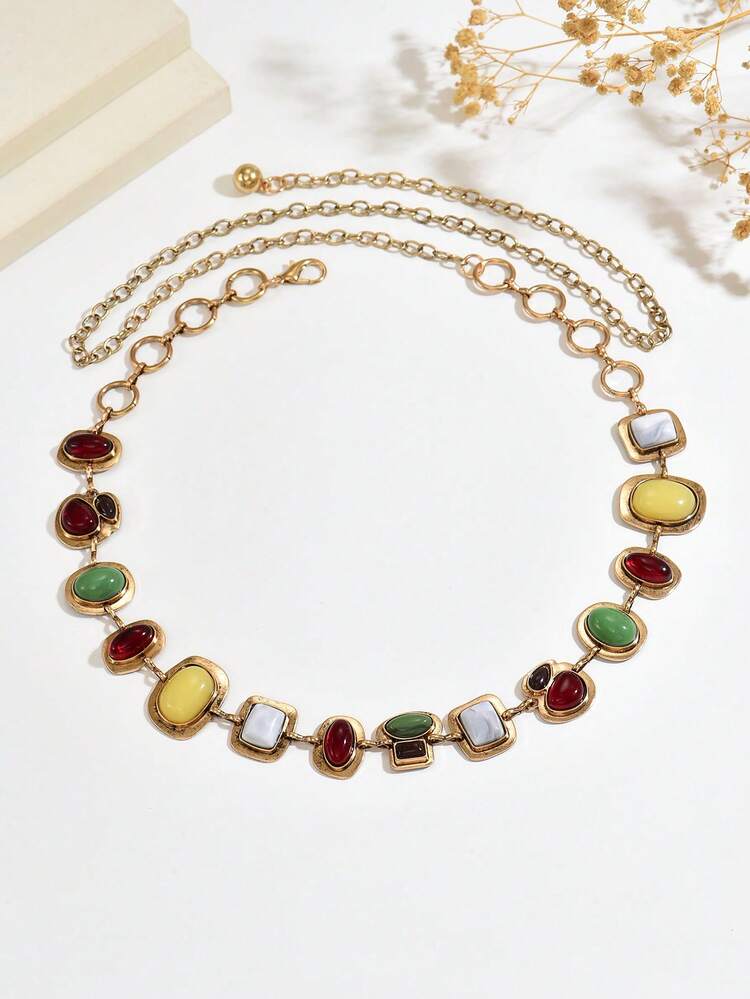1pc Bohemian Style Colorful Resin Chain Waist Chain, Geometric Oval Shape Long Waist Chain With Flower Pendant, Fashion Versatile Daily Party Personalized Body Chain, Gift For Best Friends And Family - Color - View 4