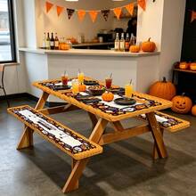3 PiecesPicnic Tablecloth Set With Bench Cover, Elastic Edge Design, Halloween And Patterns, Washable Rectangular Tablecloth, Suitable For Weddings, Camping, Picnics, Garden Parties, Practical Essential - E - View 5