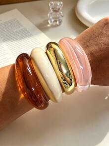 4pcs/1pc Vintage Elegant Minimalist Casual Style Women's Multicolor Round Acrylic & Gold CCB Bracelet Set, Suitable For Party, Date, Holiday Gift, Daily Wear - Multicolor - View 3
