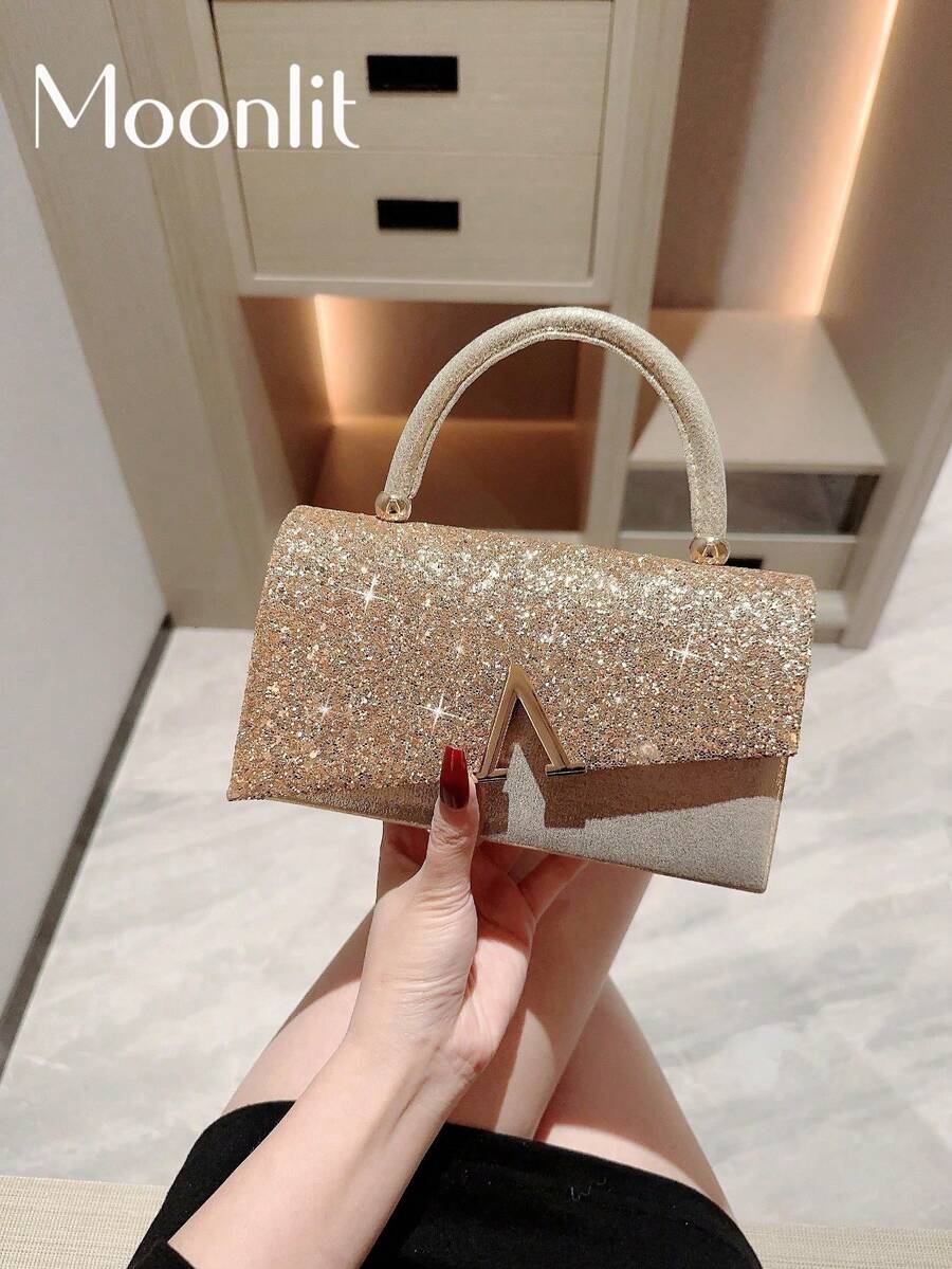 1pc Shiny Metallic Flap Envelope Clutch Bag, Decorated With Metallic Accessories, Suitable For Evening Party, Wedding, Prom, Gala, Formal Occasions