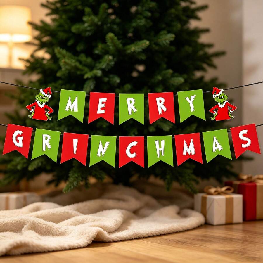 The Grinch لافتة زينة حفلة عيد الميلاد MERRY GRINCHMAS علم معلق - متعدد الألوان - مشاهدة 1