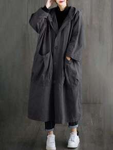 Women's Spring/Summer Artistic Chinese Style Oversized Lightweight Fabric Sheer Ultra-Thin Long Trench Coat With Large Pockets, Fashionable Button Front, Hooded Casual Versatile Jacket - Dark Grey - View 5