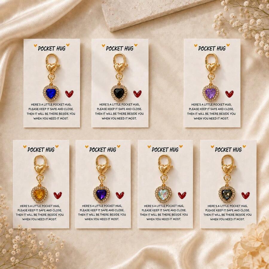 1pc/7pcs Women's Colorful Heart-Shaped Pendant Keychain With Card, Exquisite Bag Charm Gift For Friends - Multicolor - View 1