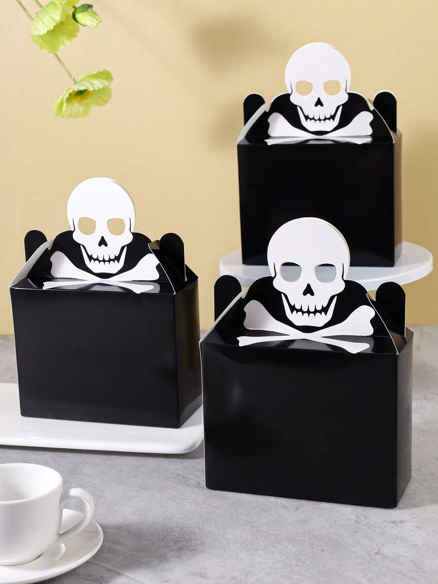 2/4/6/8/16pcs Halloween Paper Gift Boxes, Black Skull Pattern Rectangular Candy Boxes With Handles, Candy Cookie Snack Packaging Boxes, Suitable For Halloween Party Favors, Trick Or Treat Candy Bags - Multicolor - View 1