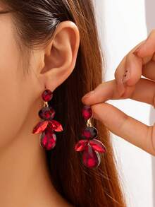 1對女款幾何彩色花卉鑽石耳環，適合外出佩戴 - 酒紅色-E625 - 查看 2