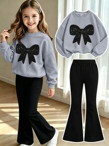 2pcs/Set Crew Neck Sweatshirt & Flare Pants Outfit For Girls, Black Lace Bow Print Crew Neck Sweatshirt + Flare Pants Set, Suitable For Autumn/Winter, Campus Style, Homecoming Outfit - Multicolor - View 11