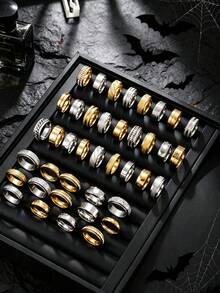 Hipoem Juego de 3/6/9/12 anillos de acero inoxidable para hombre con elementos de circonita grabados con araña de corte mate, adecuado para uso diario, vacaciones, accesorios de Halloween, estilo aleatorio, tamaño aleatorio - Multicolor - Ver 7