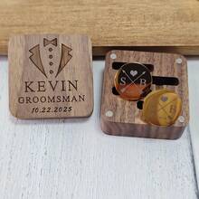 1 Set Personalized Metal Cufflinks, Customized Engraved Round Metal Cufflinks With Square Wooden Box, Groomsmen Gift, Groom Men's Gift - Multicolor - View 3