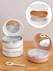 1pc Portable Denture Storage Box With Mirror, Double Layer Plastic Material, Suitable For Invisible Braces, Dentures, Orthodontic Retainers, Denture Soaking Box, Retainers, Convenient For Travel Cleaning, Includes Cleaning Brush - Multicolor - View 3