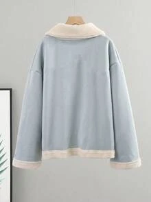 女款翻領羊羔毛夾克，秋冬拉鍊保暖毛皮內裡外套 - 藍色 - 查看 2