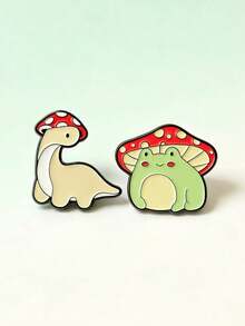 2pcs Cartoon Cute Mushroom Dinosaur Frog Shaped Brooch, Alloy Metal Badge, Clothing Accessory, Bag Decoration - Multicolor - View 2