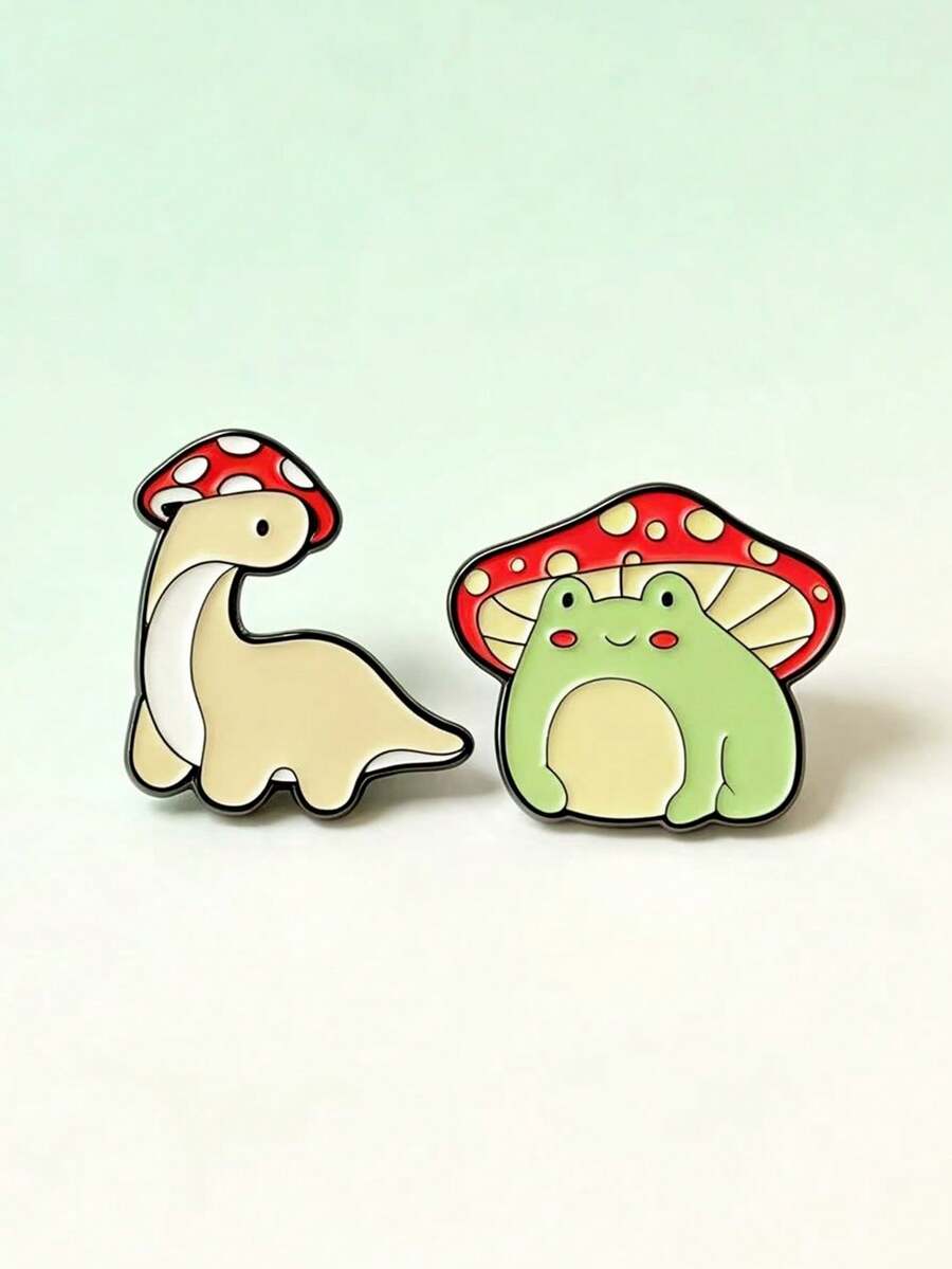 2pcs Cartoon Cute Mushroom Dinosaur Frog Shaped Brooch, Alloy Metal Badge, Clothing Accessory, Bag Decoration