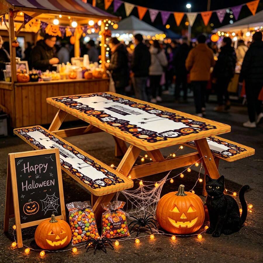 3 PiecesPicnic Tablecloth Set With Bench Cover, Elastic Edge Design, Halloween And Patterns, Washable Rectangular Tablecloth, Suitable For Weddings, Camping, Picnics, Garden Parties, Practical Essential - E - View 1