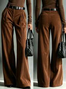 Women's Fashion Casual Solid Color High Waist Wide Leg Pants [No Belt] - Brown - View 10
