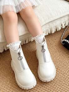 1 Pasang Sepatu Bot Pendek Anak-Anak Berkilau dengan Resleting Depan, Sepatu Bot Ankle Ujung Bulat Bergaya Vintage, Cocok untuk Pemakaian Sehari-hari dan Penataan Busana, Cocok untuk Aktivitas Luar Ruangan, Cocok untuk Musim Gugur/Dingin - Krem - View 3