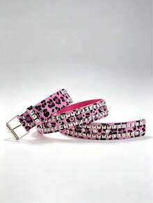1pc Double Row Pyramid Studded Pink Fuzzy Leopard Belt Women Y2K Punk Decorative Waist Belt - Multicolor - View 5