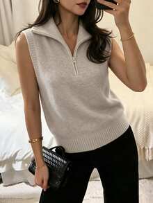 Women's Preppy Half-Zip Collared Knit Vest, Sleeveless Soft Loose Fit Pullover Vest, Casual Layering Sweater For Autumn/Winter - Apricot - View 2
