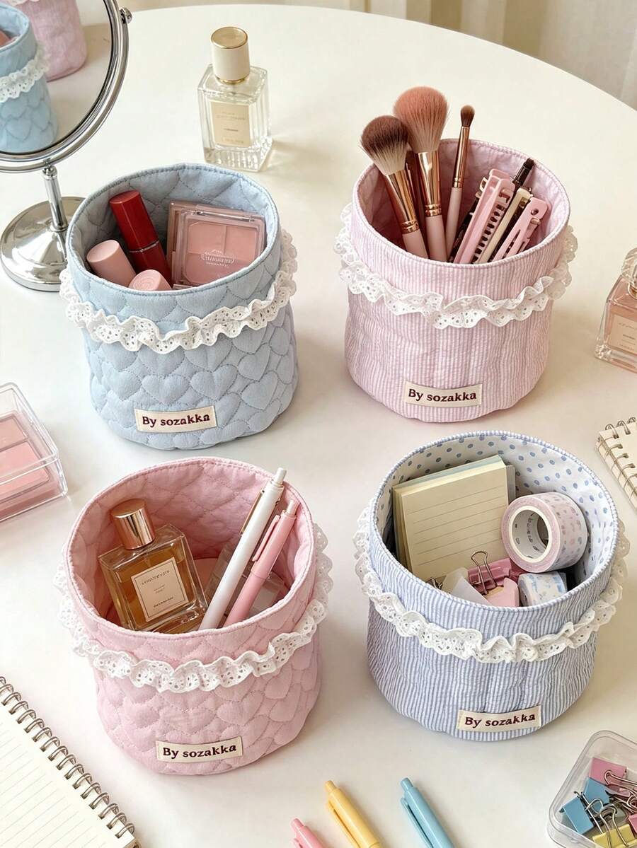 5/1pc Heart‑Shaped Quilted Surface With Delicate Lace Trim,Creates Soft Aesthetic For Your Vanity Desk Cylindrical Large‑Capacity Design,Holds Cosmetics,Hair Accessories And Desktop Sundries,Lightweight Soft Fabric Basket,Suitable For Bedroom