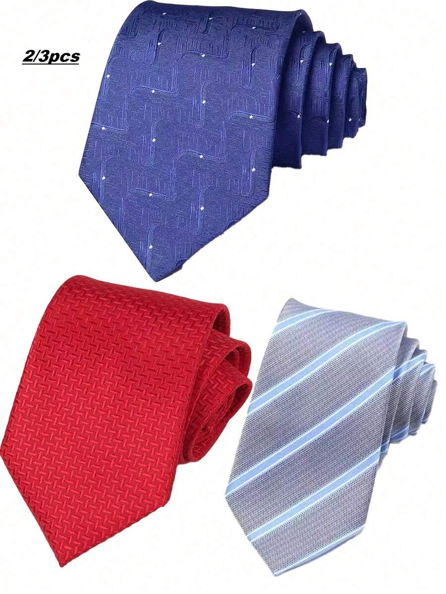 1/3pcs Men's Business Striped Tie Set, Wavy Pattern Tie, Red Tie, Suitable For Daily Wear, Wedding, Party, Cocktail, Banquet - Multicolor - View 1